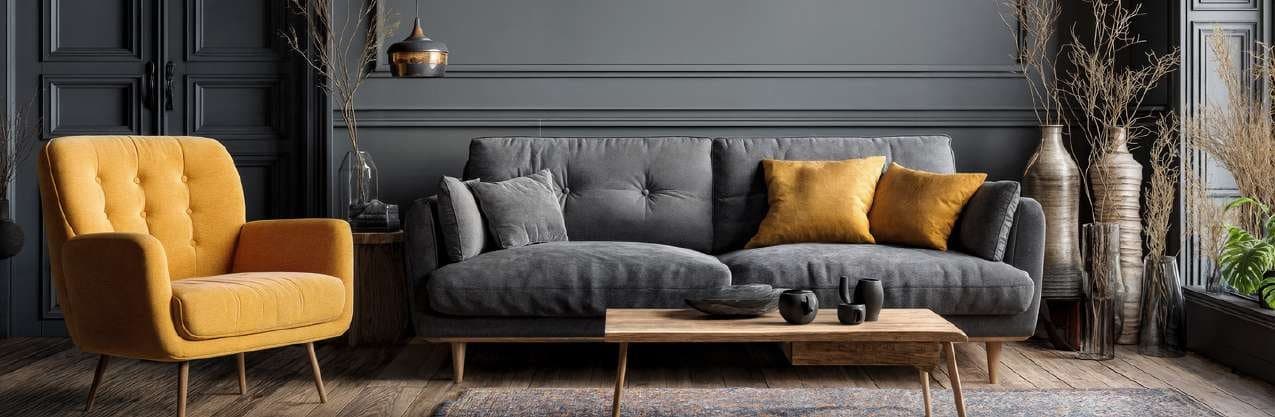 A staged living room with a mustard armchair